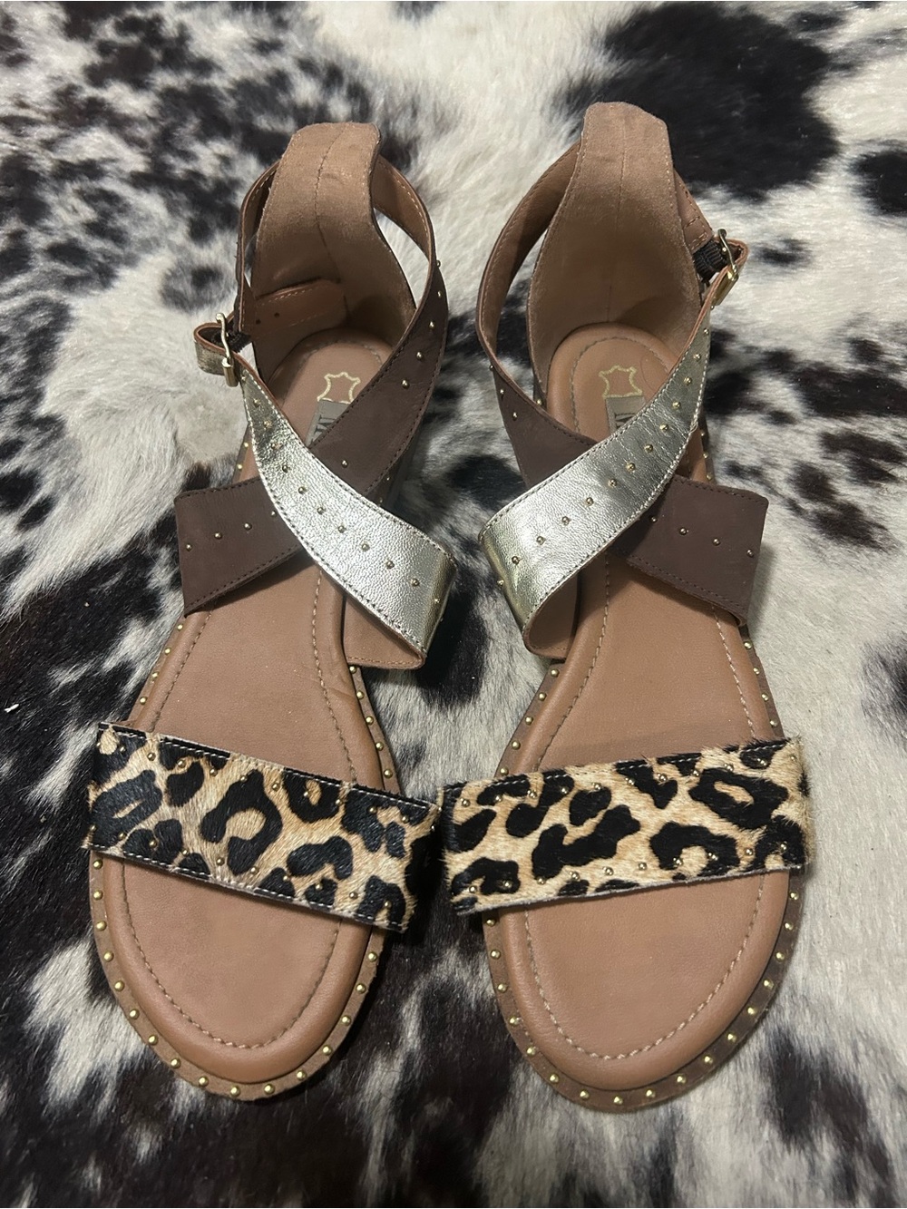 Myra Bag Brown & Leopard Print Strappy Sandals with Metallic Accent